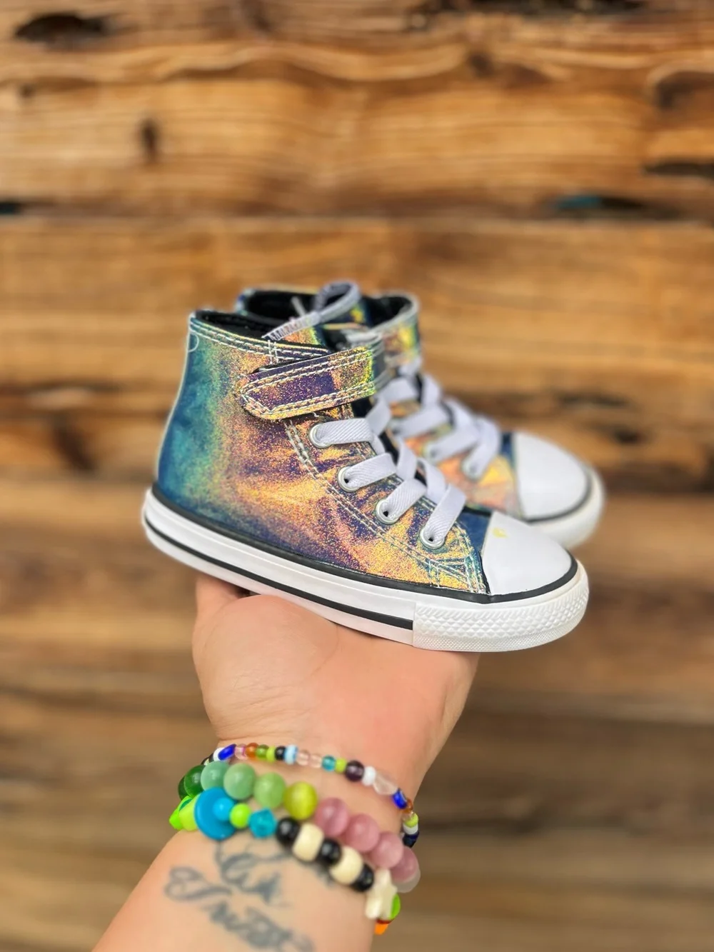 CONVERSE | Toddler Iridescent Metallic Rainbow High-Top Sneakers 7